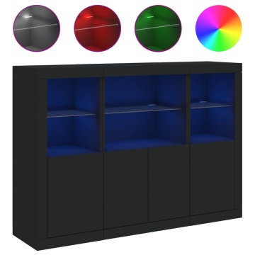 Servantă cu lumini LED, 3 buc., negru, lemn prelucrat - Img 2