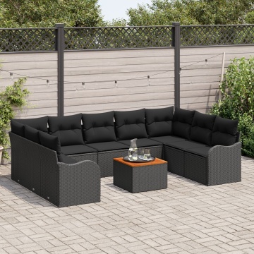 Set canapea grădină 10 piese cu perne Ratan polyester negru Acacia, Canapea grădină 2 locuri cu perne Ratan polyester negru - Img 3