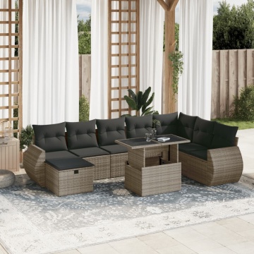 Set canapele de grădină, 9 piese, cu perne, gri, poliratan - Img 1