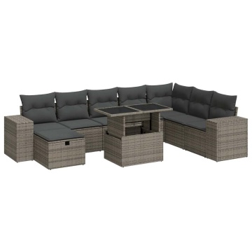 Set canapele de grădină, 9 piese, cu perne, gri, poliratan - Img 2