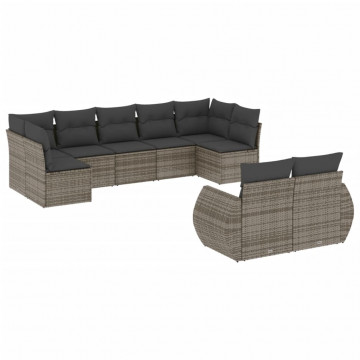 Set canapele de grădină, 9 piese, cu perne, gri, poliratan - Img 2