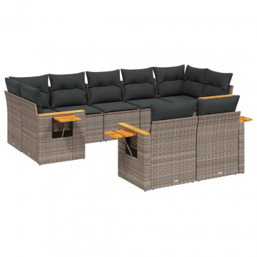 Set canapele de grădină, 9 piese, cu perne, gri, poliratan - Img 2