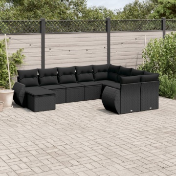 Set canapele de grădină cu perne, 10 piese, negru, poliratan - Img 1