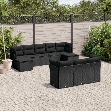 Set canapele de grădină cu perne, 10 piese, negru, poliratan - Img 1