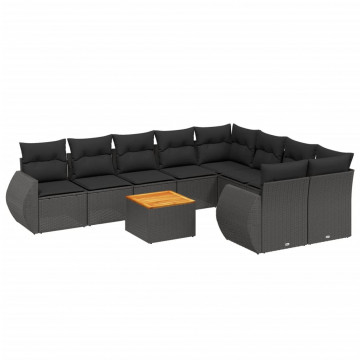 Set canapele de grădină cu perne, 10 piese, negru, poliratan - Img 2