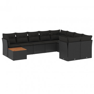 Set canapele de grădină cu perne, 10 piese, negru, poliratan - Img 2