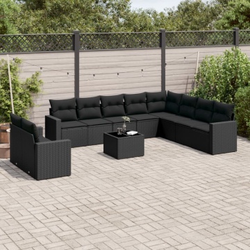 Set canapele de grădină cu perne, 11 piese, negru, poliratan - Img 1