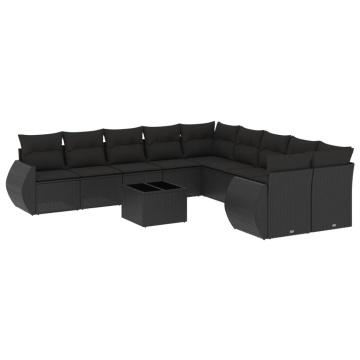 Set canapele de grădină cu perne, 11 piese, negru, poliratan - Img 2