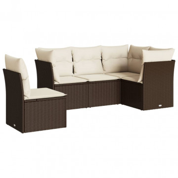 Set canapele de grădină cu perne, 5 piese, maro, poliratan - Img 2