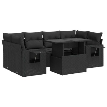 Set canapele de grădină cu perne, 7 piese, negru, poliratan - Img 2