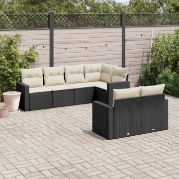 Set canapele de grădină cu perne, 7 piese, negru, poliratan - Img 1