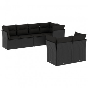 Set canapele de grădină cu perne, 7 piese, negru, poliratan - Img 2