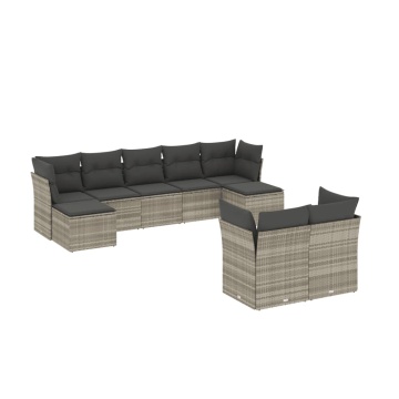 Set canapele de grădină cu perne, 9 piese gri deschis poliratan - Img 2