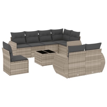 Set canapele de grădină cu perne, 9 piese gri deschis poliratan - Img 2