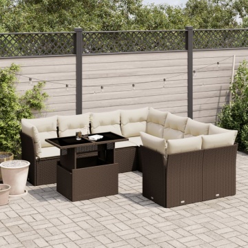 Set canapele de grădină cu perne, 9 piese, maro, poliratan - Img 1