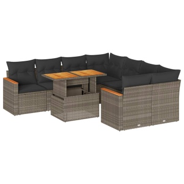 Set canapele grădină cu perne 9 piese gri poliratan/lemn acacia - Img 2