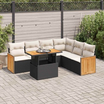 Set canapele grădină perne 7 piese negru, poliratan/lemn acacia - Img 1