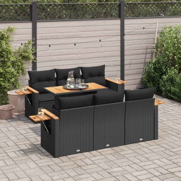 Set canapele grădină perne 7 piese negru, poliratan/lemn acacia - Img 1