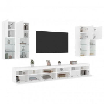 Set comode TV de perete, 7 piese, cu lumini LED, alb - Img 1