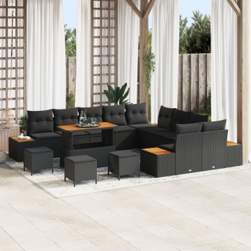 Set de 13 Piese Sofa de Grădină cu Pernuțe Negru Poliratan Acacia, Set de 3 Piese Masă de Grădină cu Pernuțe Negru Poliratan Acacia - Img 1