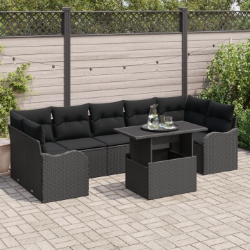 Set de 8 Piese de Sofa de Grădină cu Perne Negru Poliratan, Sofa de Grădină cu 2 Locuri cu Perne Negru Poliratan - Img 1