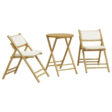 Set de bistro pliabil, 3 piese, cu perne alb crem, bambus - Img 2