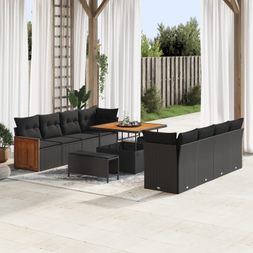 Set de canapea de grădină cu 11 piese și perne Negru Poliratan Acacia, Set de dining de grădină cu 3 piese cu perne Negru Poliratan Acacia - Img 1