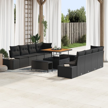Set de canapea de grădină cu 11 piese și perne Negru Rattan sintetic Acacia, Canapea de grădină cu 2 locuri cu depozitare și perne Negru Rattan sintetic, Set de dining de grădină cu 3 piese și perne Negru Rattan sintetic Acacia - Img 1
