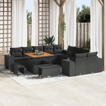 Set de canapea de grădină cu 13 piese și perne negre din ratan poliester, Set de dining pentru grădină cu 3 piese și perne negre din ratan poliester - Img 1