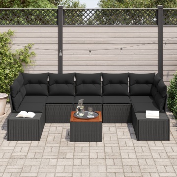 Set de canapea de grădină cu 8 piese cu perne, negru, poliratan, acacia - Img 3
