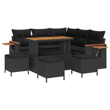 Set de canapea pentru grădină 9 Piese cu perne Negru Ratan sintetic Acacia, Set de dining pentru grădină 4 Piese cu perne Negru Ratan sintetic Acacia - Img 2