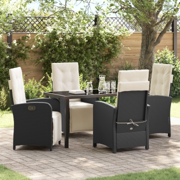 Set de dining în grădină cu 5 piese și perne din rattan poli negru, Masă de grădină neagră 140x80x73 cm din sticlă securizată - Img 1