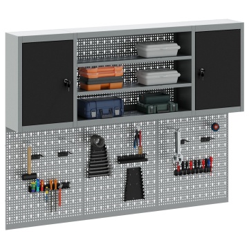 Set de dulap de unelte și panou de prindere , 6 piese, montat pe perete, metal negru - Img 3