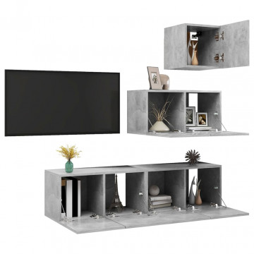 Set de dulapuri TV, 4 piese, gri beton, lemn prelucrat - Img 3