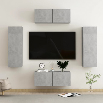 Set de dulapuri TV, 4 piese, gri beton, lemn prelucrat - Img 1