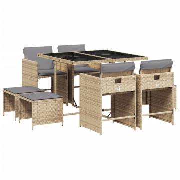 Set de masă pentru grădină, 9 piese, cu perne, bej, poliratan - Img 2
