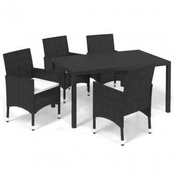 Set de masă pentru grădină cu perne, 5 piese, negru, poliratan - Img 2