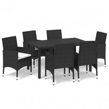 Set de masă pentru grădină cu perne, 7 piese, negru, poliratan - Img 2