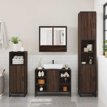 Set de mobilier de baie din 4 piese din lemn de stejar maro - Img 3