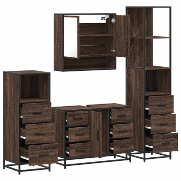 Set de mobilier de baie din 4 piese din lemn de stejar maro - Img 5