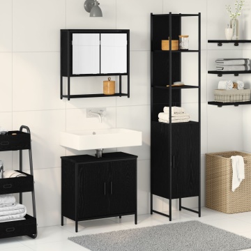 Set de Mobilier pentru Baie 3 Piese Negru Stejar Lemn Prelucrat - Img 1