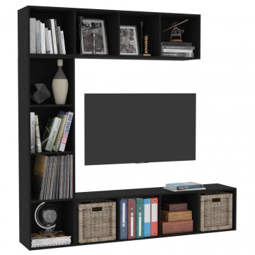 Set dulap cărți/TV, 3 piese, negru, 180x30x180 cm - Img 3