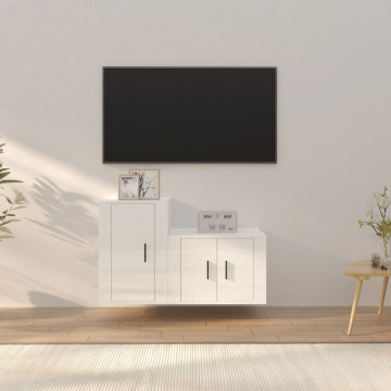 Set dulap TV, 2 piese, alb extralucios, lemn prelucrat - Img 1