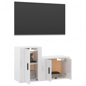 Set dulap TV, 2 piese, alb extralucios, lemn prelucrat - Img 3