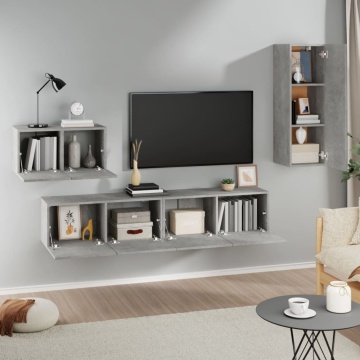 Set dulap TV, 4 piese, gri beton, lemn prelucrat - Img 3