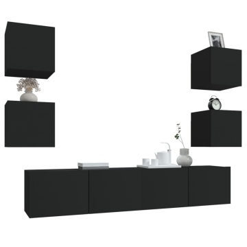 Set dulap TV, 6 piese, negru, lemn prelucrat - Img 4