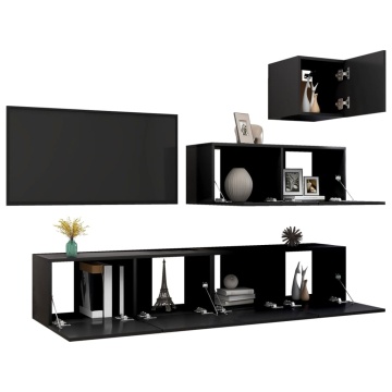 Set dulapuri TV, 4 piese, negru, lemn prelucrat - Img 3