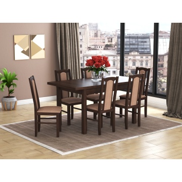 Set masa extensibila 120x150cm cu 6 scaune tapitate, mb-13 max5 si s-37 boss7 o15, nuc, lemn masiv de fag, stofa - Img 1