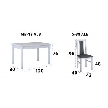 Set masa extensibila 120x150cm cu 6 scaune tapitate, mb-13 max5 si s-38 boss14 b24z, alb, lemn masiv de fag, stofa - Img 4