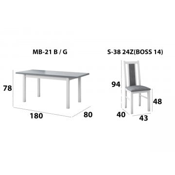 Set masa extensibila 140x180cm cu 6 scaune tapitate, mb-21 modena1 si s-38 boss14 b24z, alb/grafit, lemn masiv de fag, stofa - Img 3